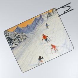 Skiing Family On The Slopes Picnic Blanket