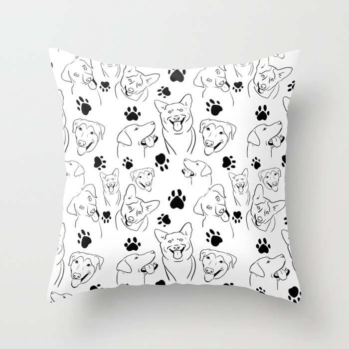 Happy Dogs with paw prints black and white Throw Pillow