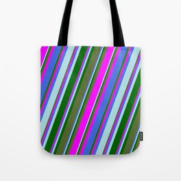 [ Thumbnail: Colorful Dark Olive Green, Fuchsia, Royal Blue, Powder Blue, and Dark Green Colored Lines Pattern Tote Bag ]