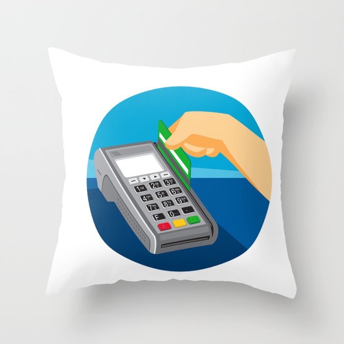 Hand Swiping Credit Card on POS Terminal Retro Throw Pillow