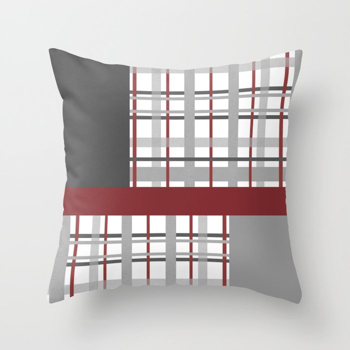 Grey Red Burgundy Checkered Gingham Patchwork Color Canvas Throw Pillow