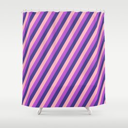 [ Thumbnail: Dark Slate Blue, Light Pink, and Orchid Colored Lines Pattern Shower Curtain ]