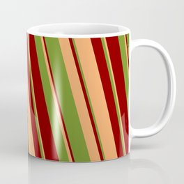 [ Thumbnail: Brown, Green & Maroon Colored Striped/Lined Pattern Coffee Mug ]
