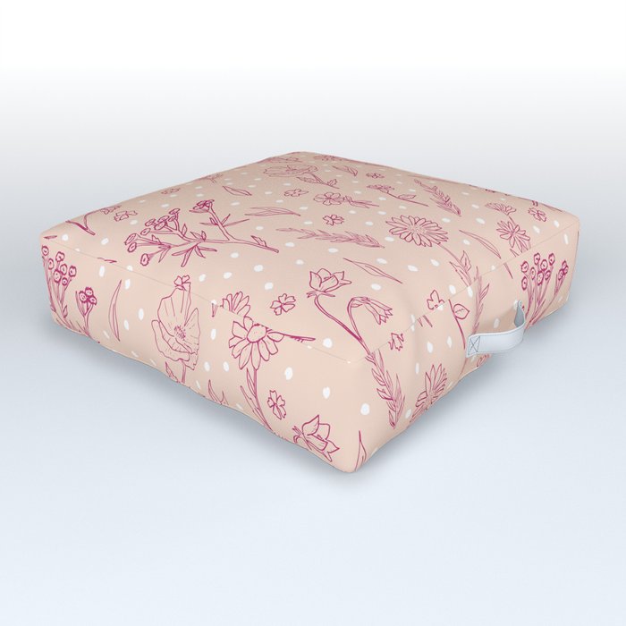 Wildflowers and Dots - Hot Pink, White, Blush Outdoor Floor Cushion