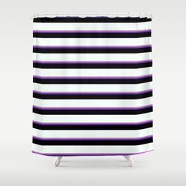 [ Thumbnail: Orchid, Dark Slate Blue, Black & Mint Cream Colored Lines/Stripes Pattern Shower Curtain ]