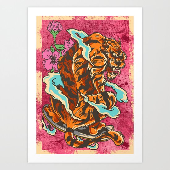 Skating tiger , hidden flower Art Print