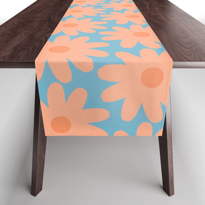 Crayon Flowers Cheerful Smudgy Floral Pattern in Apricot and Light Blue Table Runner