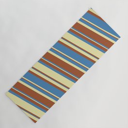 [ Thumbnail: Blue, Pale Goldenrod, and Sienna Colored Stripes/Lines Pattern Yoga Mat ]