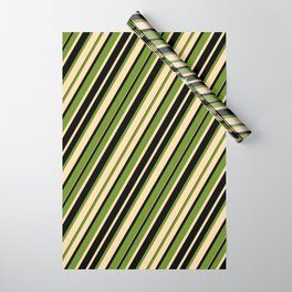 [ Thumbnail: Green, Tan & Black Colored Stripes/Lines Pattern Wrapping Paper ]