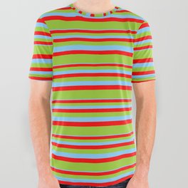[ Thumbnail: Light Sky Blue, Red & Green Colored Lines/Stripes Pattern All Over Graphic Tee ]