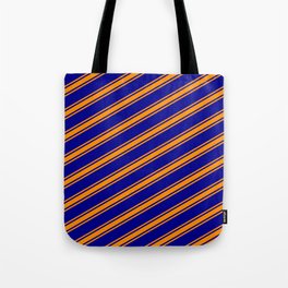 [ Thumbnail: Dark Blue and Dark Orange Colored Lines/Stripes Pattern Tote Bag ]