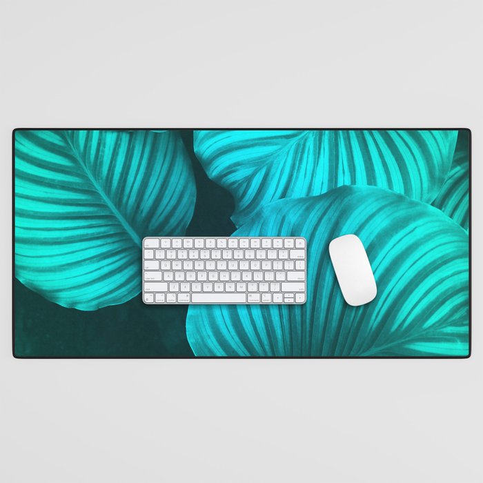 Glowing Green Aqua Tropical Jungle Leaves Night Desk Mat