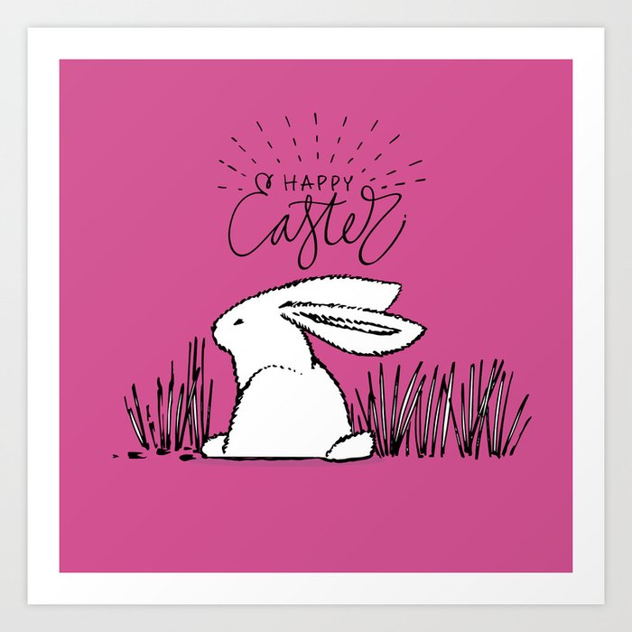 Happy Easter Pink Bunny Rabbit in Grass Art Print