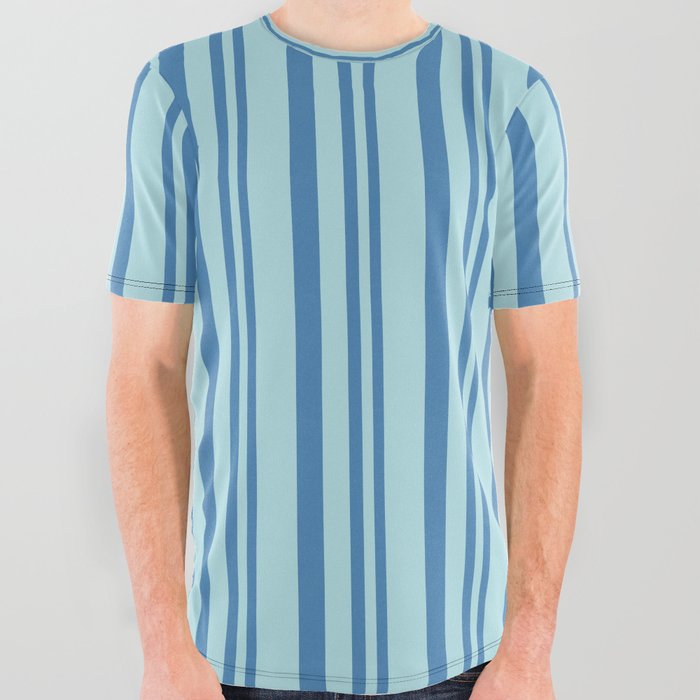 Blue and Powder Blue Colored Striped Pattern All Over Graphic Tee