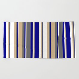 [ Thumbnail: Tan, Dim Grey, Dark Blue & White Colored Striped/Lined Pattern Beach Towel ]