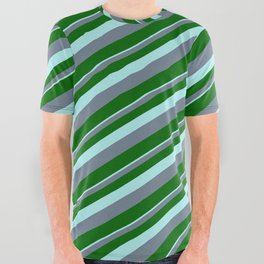 [ Thumbnail: Turquoise, Slate Gray, and Dark Green Colored Striped Pattern All Over Graphic Tee ]
