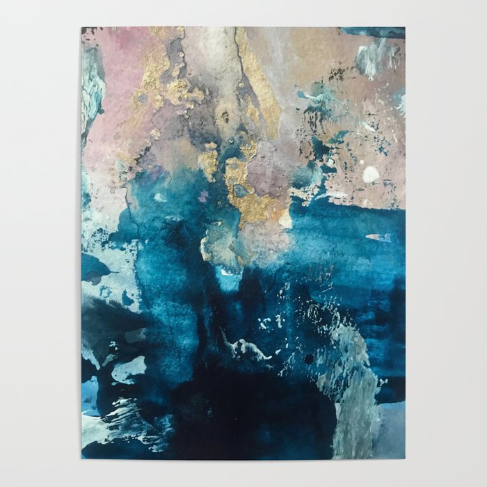 Timeless: A gorgeous, abstract mixed media piece in blue, pink, and gold by Alyssa Hamilton Art Poster