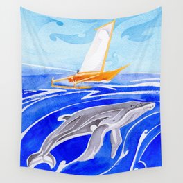 humpback whale and polynesian outrigger sail boat Wall Tapestry