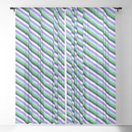 [ Thumbnail: Colorful Medium Slate Blue, Light Blue, Lime Green, Midnight Blue, and White Colored Striped Pattern Sheer Curtain ]