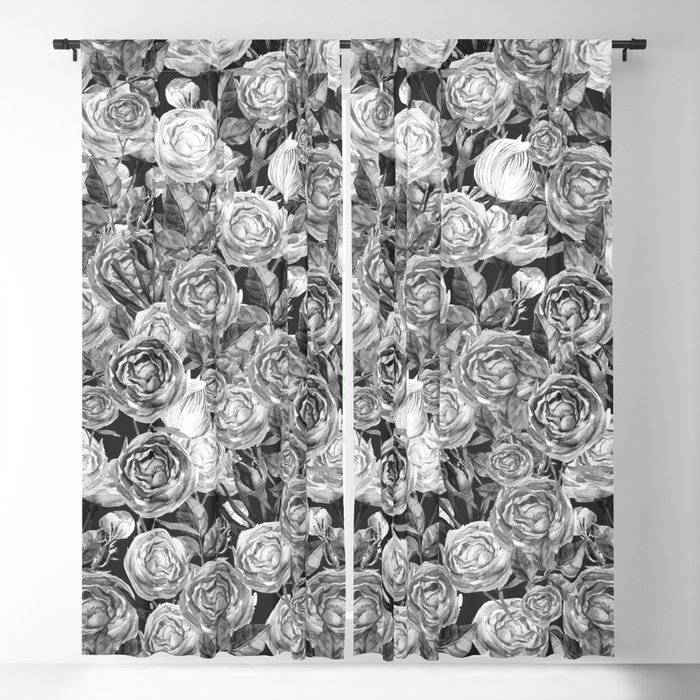 Vintage Roses Black And White Blackout Curtain