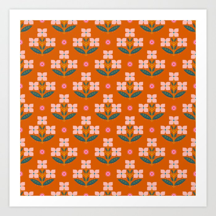 Retro Pink Floral Bunches Pattern - Terracotta  Art Print