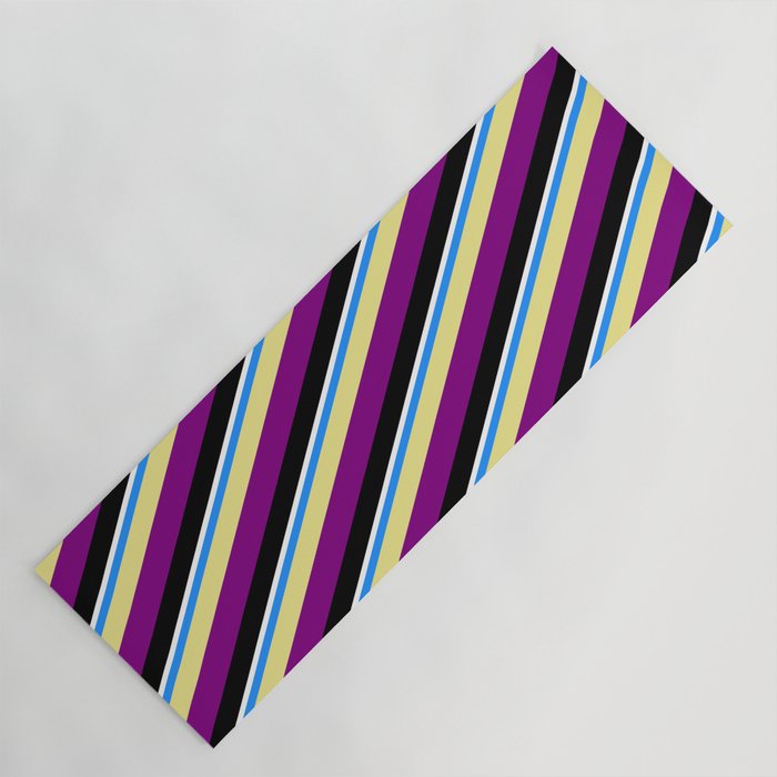 Vibrant Blue, Tan, Purple, Black, and White Colored Pattern of Stripes Yoga Mat