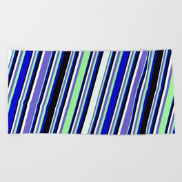[ Thumbnail: Mint Cream, Slate Blue, Green, Blue, and Black Colored Pattern of Stripes Beach Towel ]
