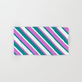 [ Thumbnail: Orchid, Dark Cyan, and Mint Cream Colored Striped/Lined Pattern Hand & Bath Towel ]