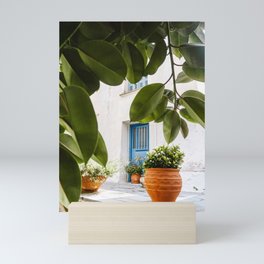 Colorful Greek Street | Potted Plants and Blue Doors in the Old Town on Naxos, Greece, Europe Mini Art Print