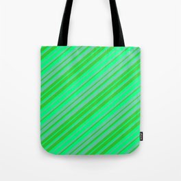 [ Thumbnail: Aquamarine, Lime Green & Green Colored Striped/Lined Pattern Tote Bag ]