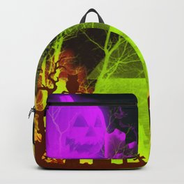 Spooky Halloween Pumpkin and Haunted Barn Backpack | Glowinggraves, Raven, Vampirebats, Swoopingbats, Twistedtrees, Hauntedbarn, Glowingpumpkin, Graphicdesign, Owl, Purplepumpkin 