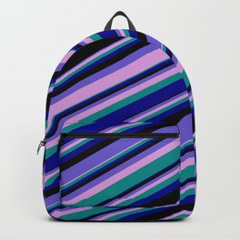 [ Thumbnail: Vibrant Slate Blue, Plum, Dark Cyan, Dark Blue & Black Colored Lines/Stripes Pattern Backpack ]