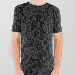 William Morris Floral Pattern | “Pink and Rose” in Black and Grey | Vintage Flower Pattern All Over Graphic Tee