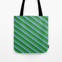 [ Thumbnail: Aquamarine, Slate Blue & Forest Green Colored Lines Pattern Tote Bag ]