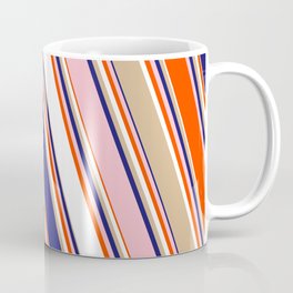 [ Thumbnail: Colorful Red, White, Tan, Midnight Blue, and Pink Colored Lines/Stripes Pattern Coffee Mug ]