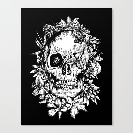floral skull drawing black and white 2 Canvas Print