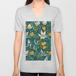 Dark green background White flower pattern design V Neck T Shirt