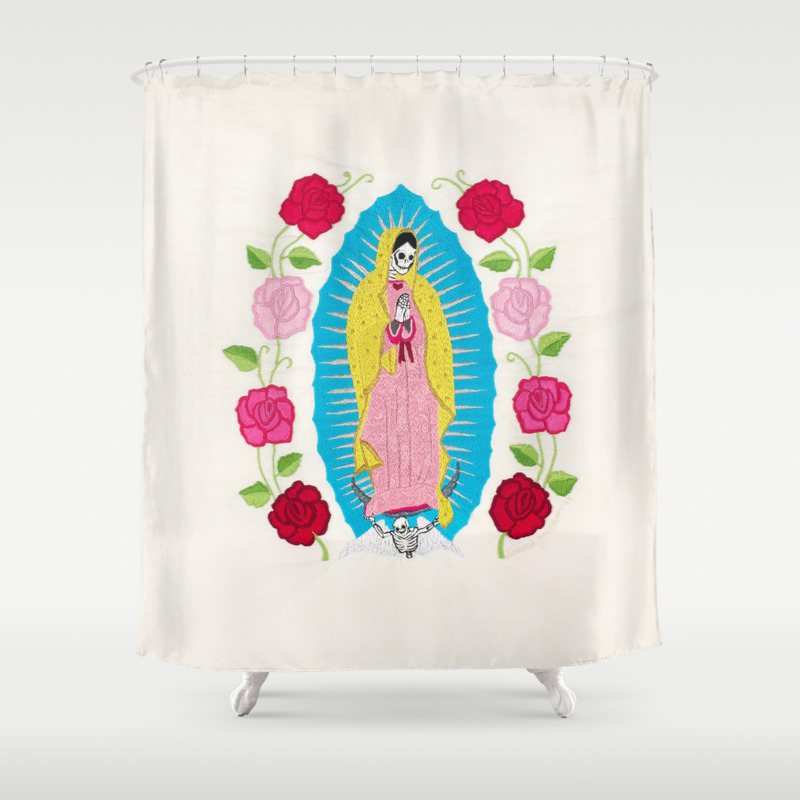 Skull Virgin Of Guadalupe Hand Embroidered Shower Curtain By