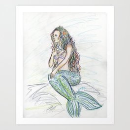 Little Mermaid Folk Tale Colored Pencil Art Drawing Art Print By