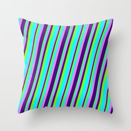 [ Thumbnail: Chartreuse, Aqua, Violet, and Indigo Colored Striped/Lined Pattern Throw Pillow ]