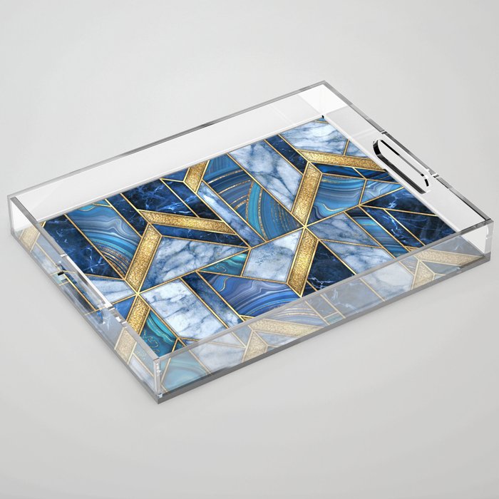 Art Deco Gold + Midnight Blue Marble Abstract Geometry Acrylic Tray
