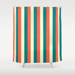 [ Thumbnail: Teal, Red, and Light Yellow Colored Stripes Pattern Shower Curtain ]