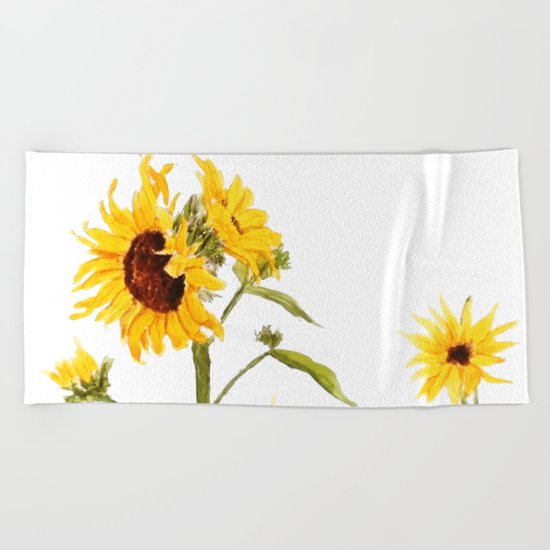 One sunflower watercolor arts Beach Towel
