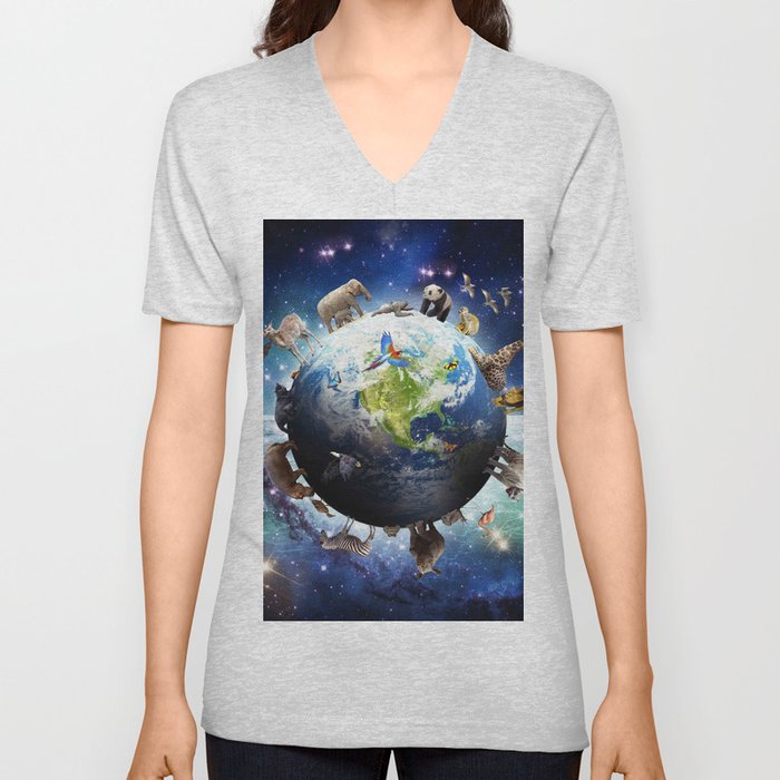 Space Earth Animal Animals Group Scene V Neck T Shirt