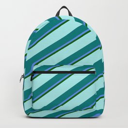 [ Thumbnail: Turquoise, Teal, Cornflower Blue & Dark Green Colored Lined Pattern Backpack ]