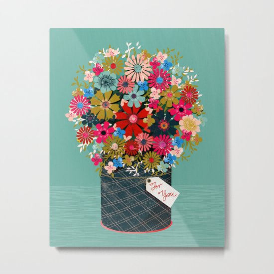 Flower Pot - Flowers for you, Floral, Vintage Retro Flower tin Metal Print