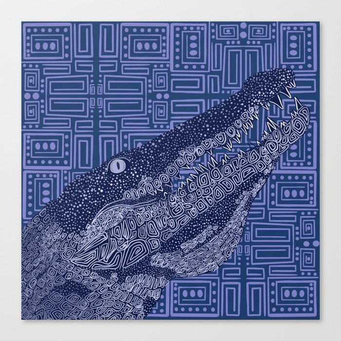 Blue crocodile on patterned background Canvas Print