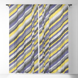 [ Thumbnail: Vibrant Light Gray, Dim Gray, Black, Yellow, and Midnight Blue Colored Stripes Pattern Sheer Curtain ]