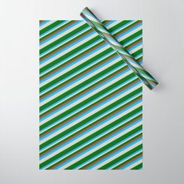 [ Thumbnail: Sienna, Deep Sky Blue, Light Gray & Dark Green Colored Lined/Striped Pattern Wrapping Paper ]