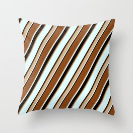 [ Thumbnail: Brown, Tan, Light Cyan & Black Colored Striped/Lined Pattern Throw Pillow ]